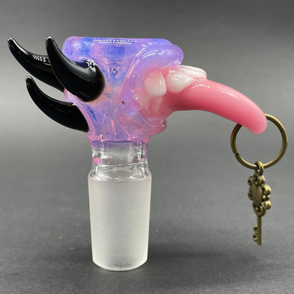 Close-up of 18mm 4 hole Pierced tongue slide - handcrafted glass