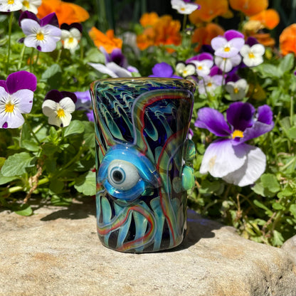 Hand-blown glass Rainbow cyclops plant pot with drainage holes by Leviathan Glass