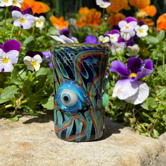 Hand-blown glass Rainbow cyclops plant pot with drainage holes by Leviathan Glass
