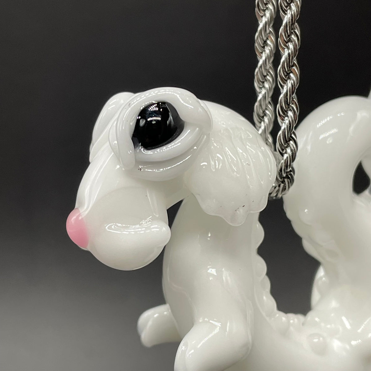 Falcore the Luck Dragon handblown glass sculpture - Neverending Story white fur dragon with pink nose, kind eyes, flowing mane, silver rope chain - Leviathan Glass