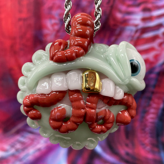 Worm eater pendant detail view - premium glass art
