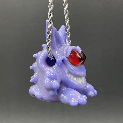 Gengar Pokémon handblown glass pendant - periwinkle purple Gengar sculpture, large red glass eyes, white teeth, clawed hands and feet, silver rope chain - Leviathan Glass
