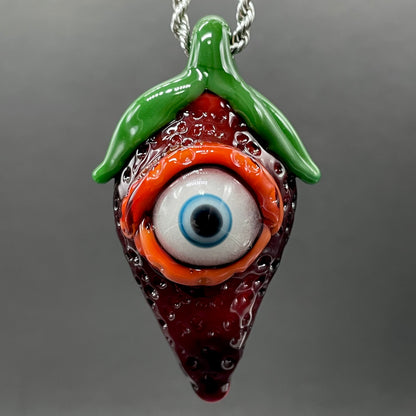 Cyclops strawberry pendant detail view - premium glass art