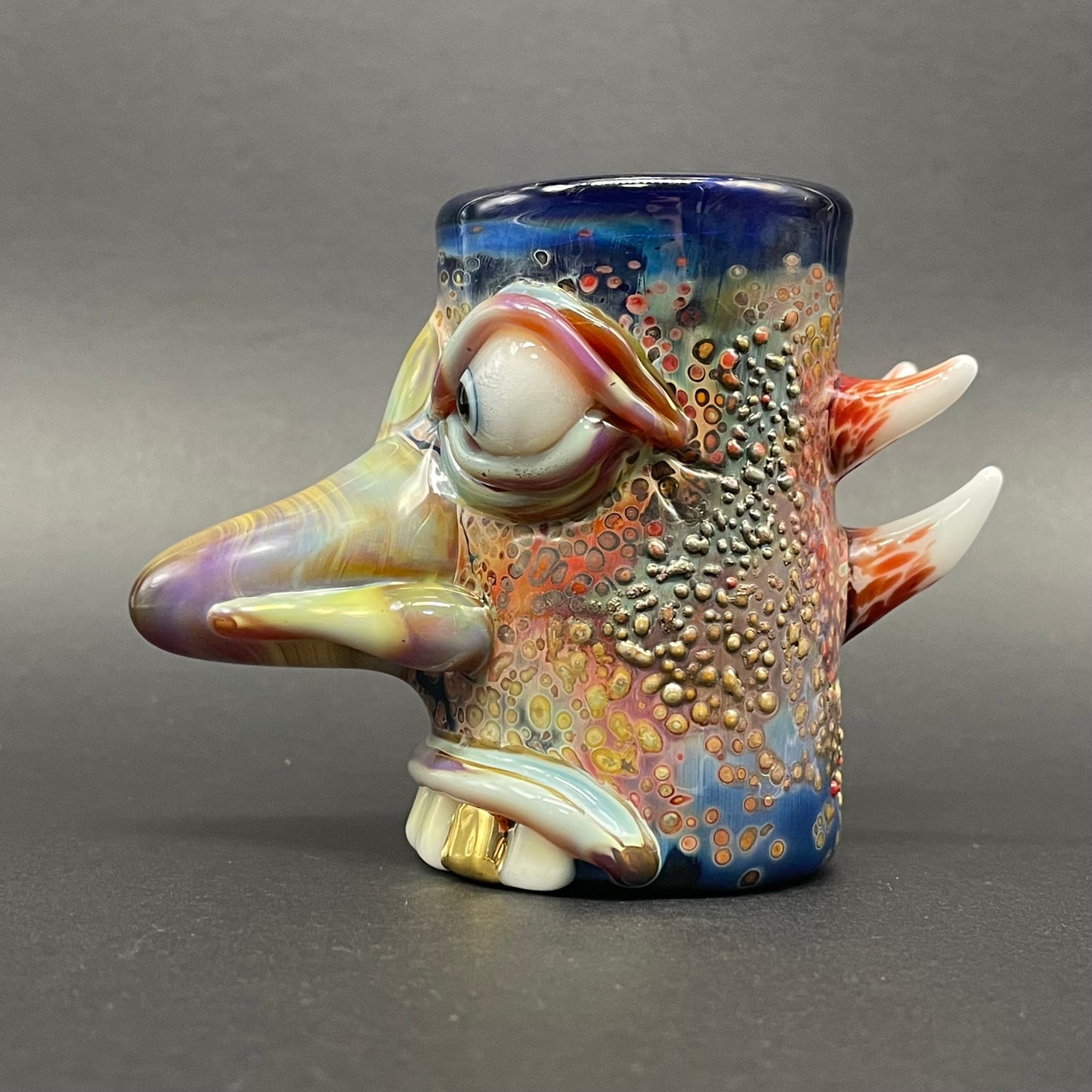 Close-up of Shnoz shot glass - handcrafted glass