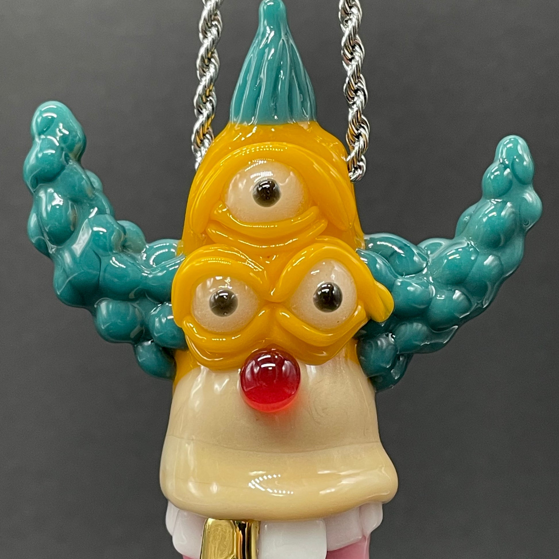 Krusty the clown glass pendant with opal tab craftsmanship - artisan glass work