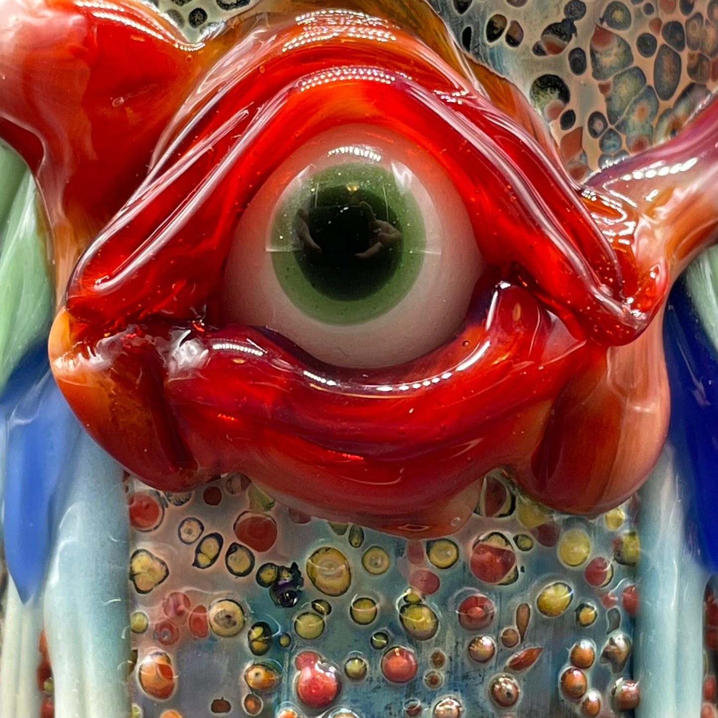 Winged phoenix cork jar by Leviathan Glass - artisan detail