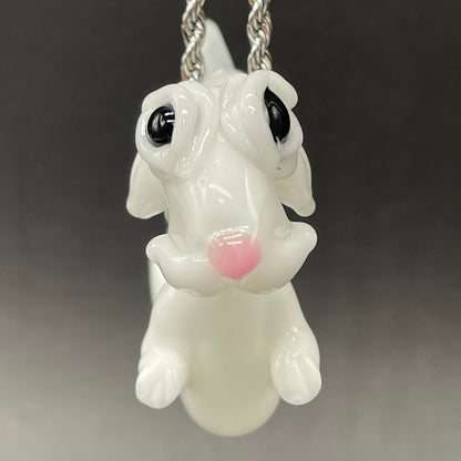 Falcore the Luck Dragon handblown glass sculpture - Neverending Story white fur dragon with pink nose, kind eyes, flowing mane, silver rope chain - Leviathan Glass