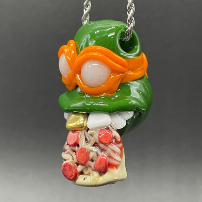 Glass Ninja Turtle Pendant – Handmade Michelangelo Pizza Necklace, TMNT Fan Jewelry
