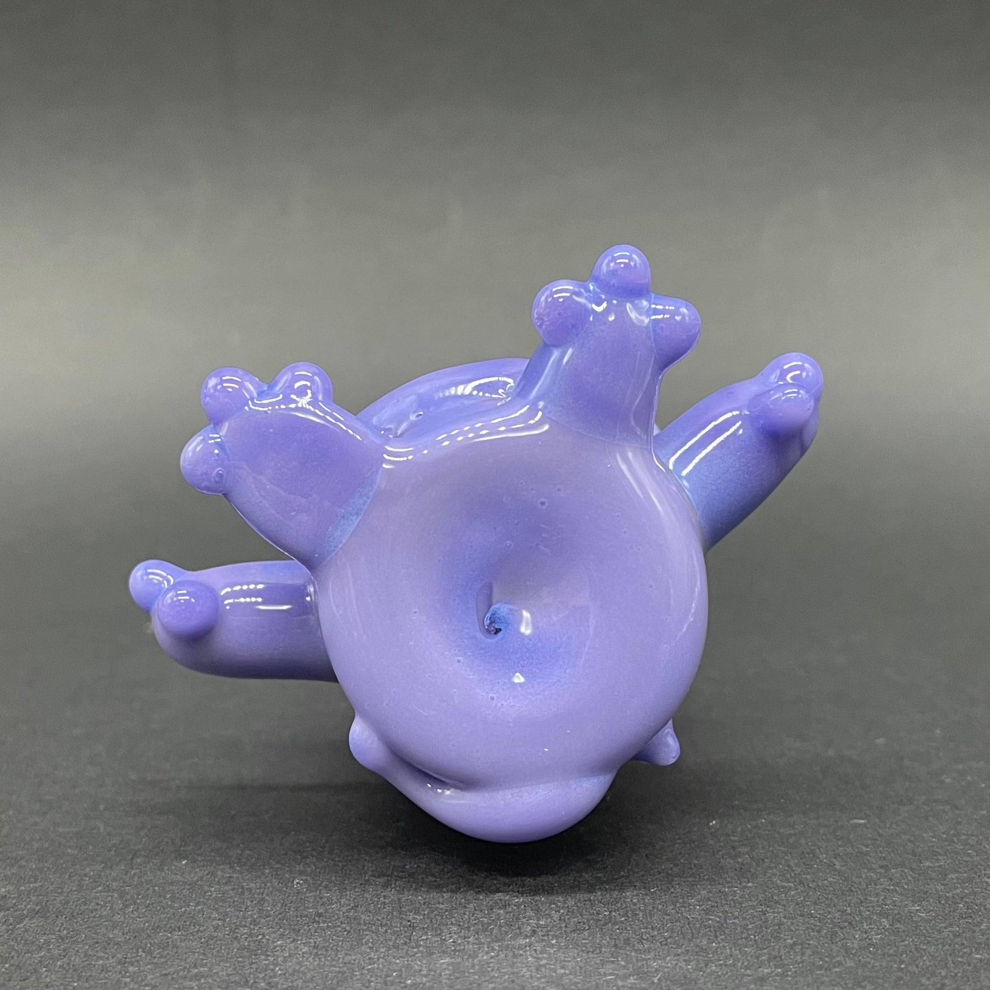 Gengar Pokémon handblown glass pendant - periwinkle purple Gengar sculpture, large red glass eyes, white teeth, clawed hands and feet, silver rope chain - Leviathan Glass