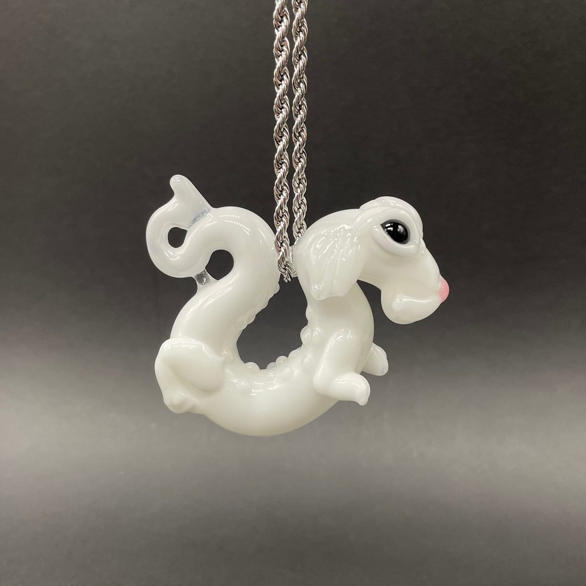 Falcore the Luck Dragon handblown glass sculpture - Neverending Story white fur dragon with pink nose, kind eyes, flowing mane, silver rope chain - Leviathan Glass
