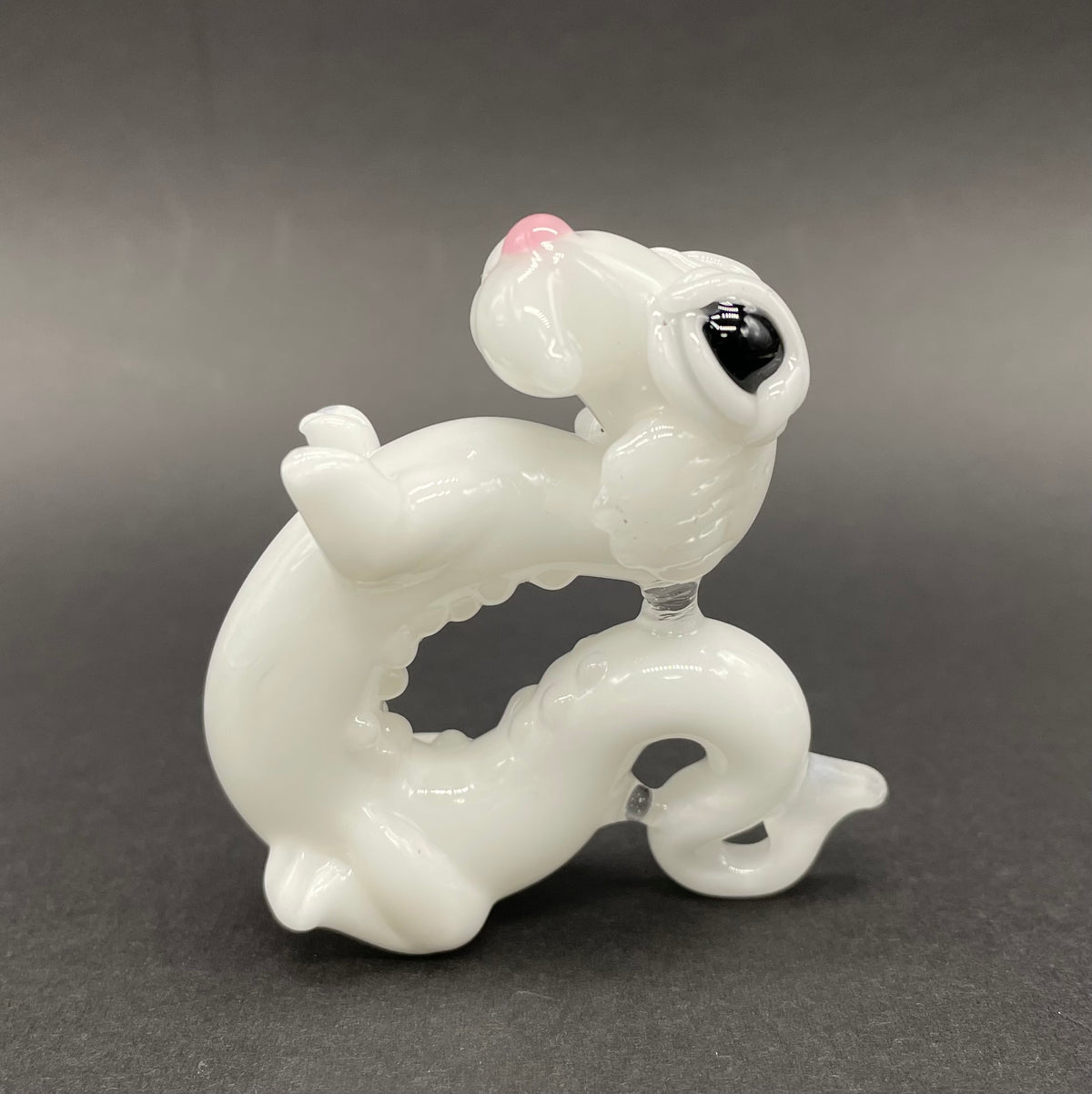 Falcore the Luck Dragon handblown glass sculpture - Neverending Story white fur dragon with pink nose, kind eyes, flowing mane, silver rope chain - Leviathan Glass
