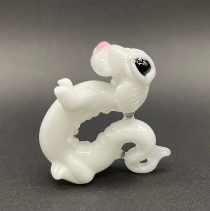 Falcore the Luck Dragon handblown glass sculpture - Neverending Story white fur dragon with pink nose, kind eyes, flowing mane, silver rope chain - Leviathan Glass