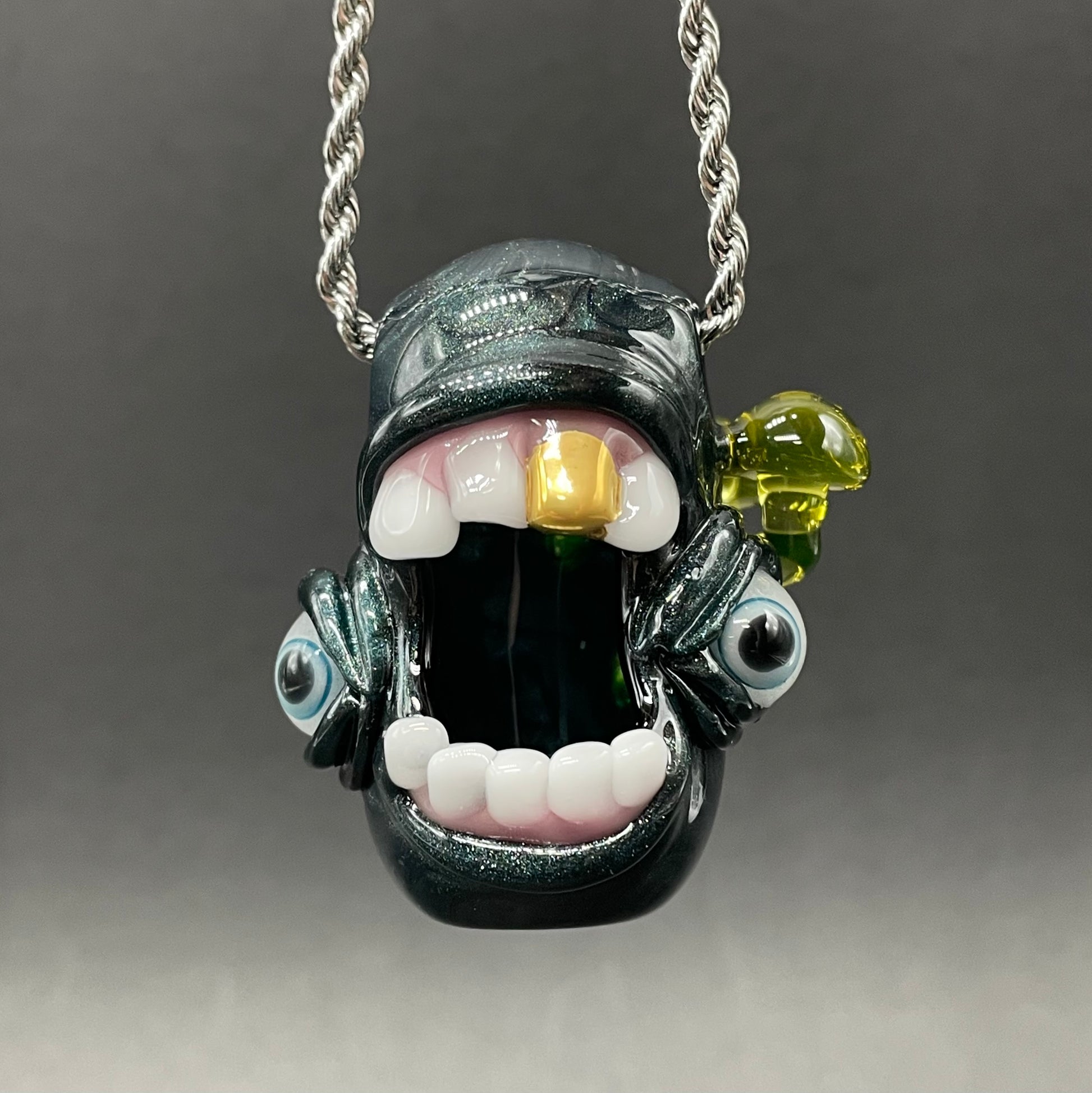 Hand-blown Screaming UV reactive mushroom monster pendant - Leviathan Glass original