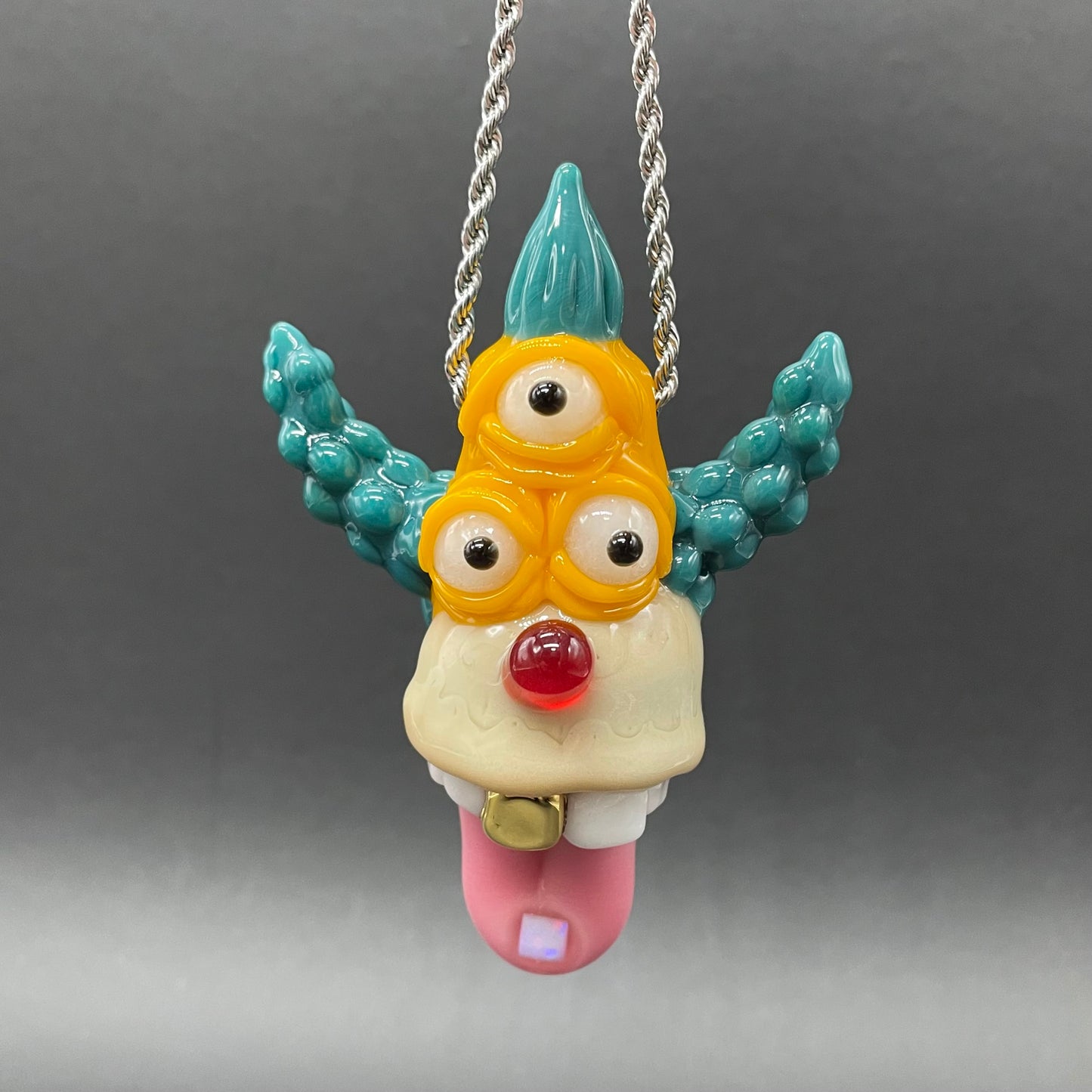 Krusty the clown glass pendant with opal tab