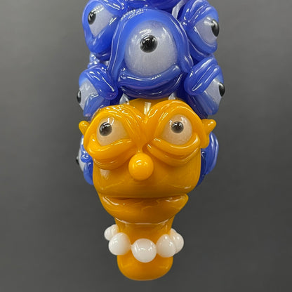 Marge Simpson Mutant handblown glass pendant - yellow Marge Simpson face with towering stack of blue cyclops creatures forming her hair, white pearl beads, silver rope chain - Leviathan Glass