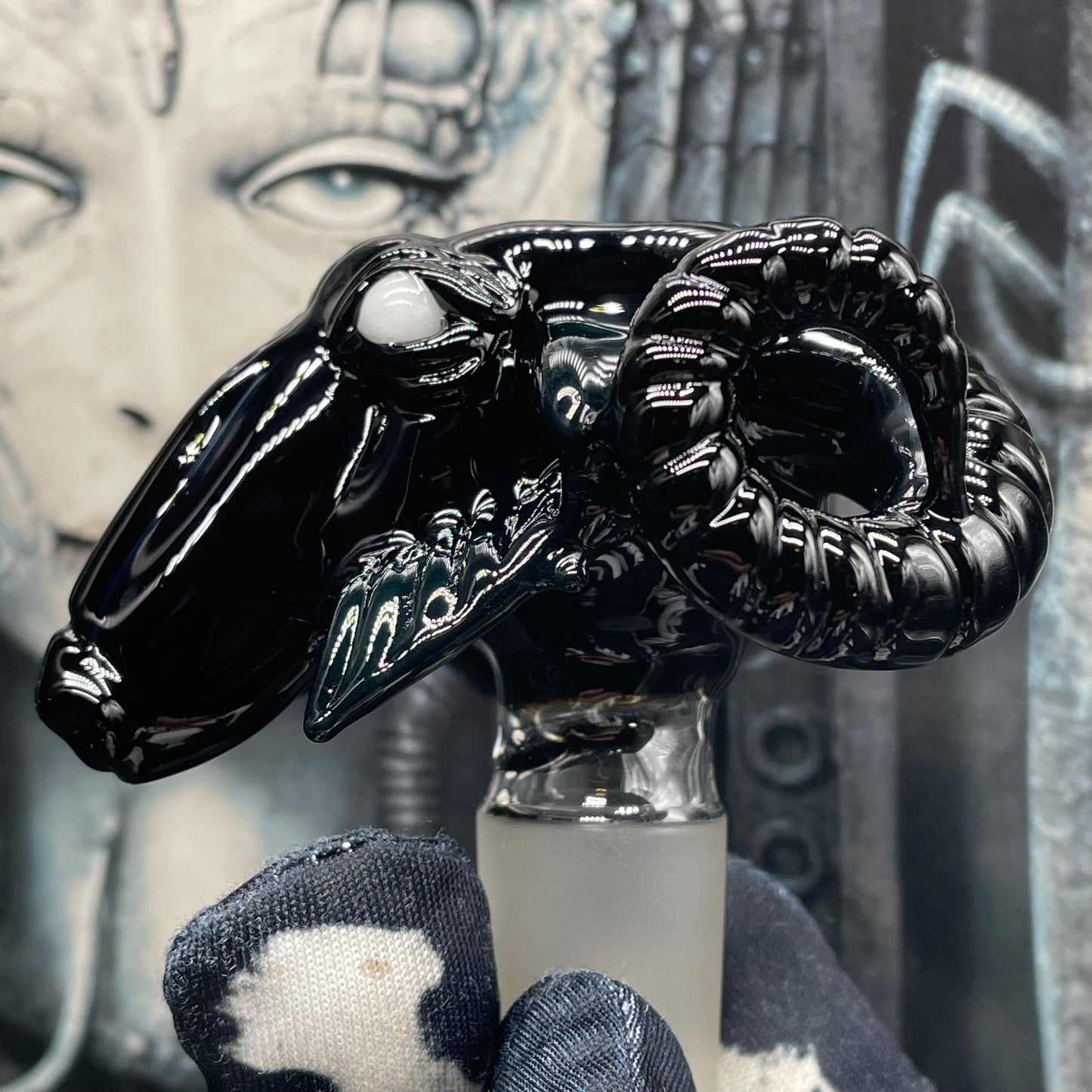 Close-up of 18mm black Philip slide - handcrafted glass