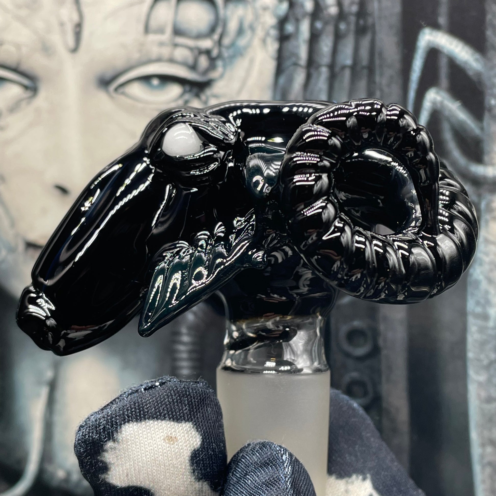 Close-up of 18mm black Philip slide - handcrafted glass