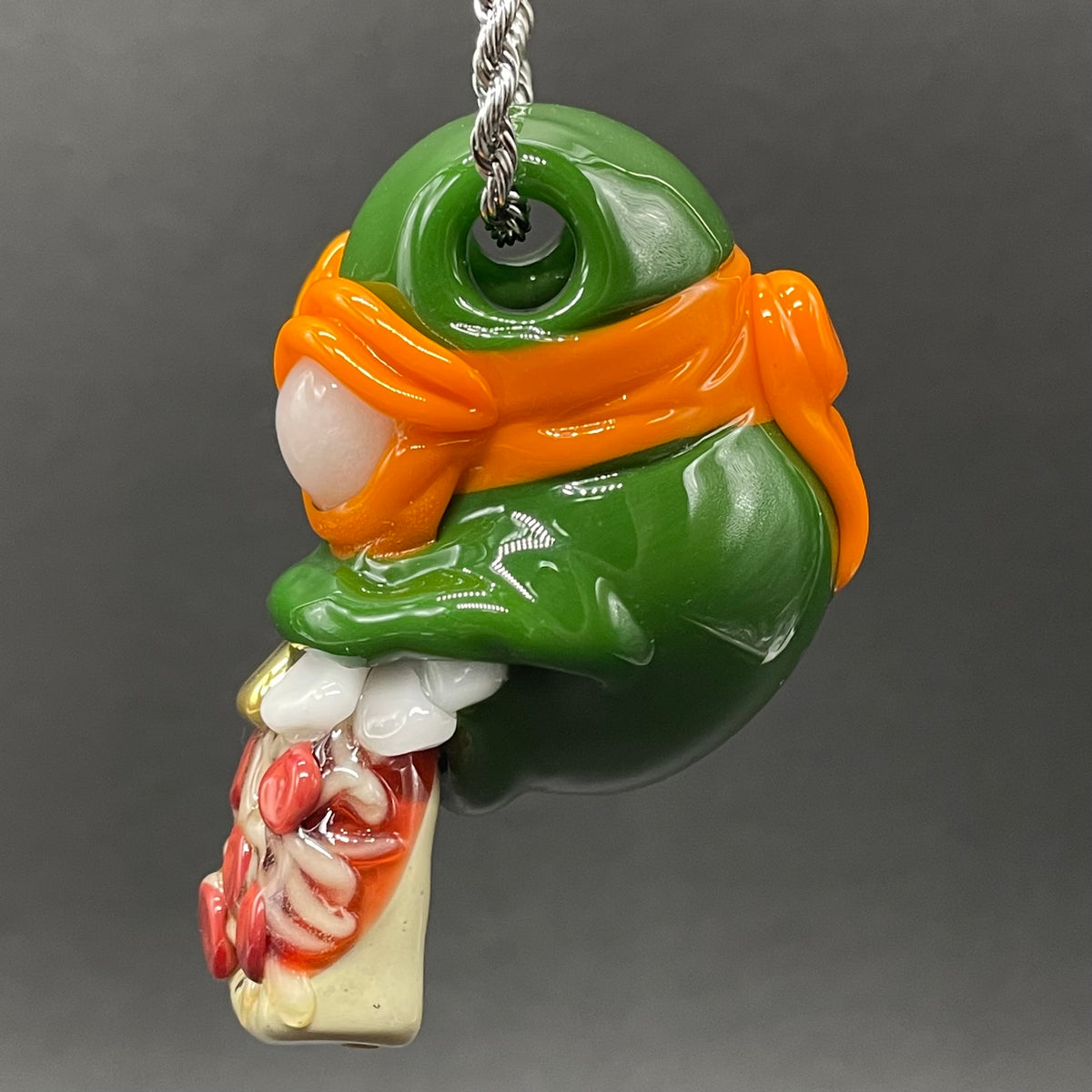 Glass Ninja Turtle Pendant – Handmade Michelangelo Pizza Necklace, TMNT Fan Jewelry