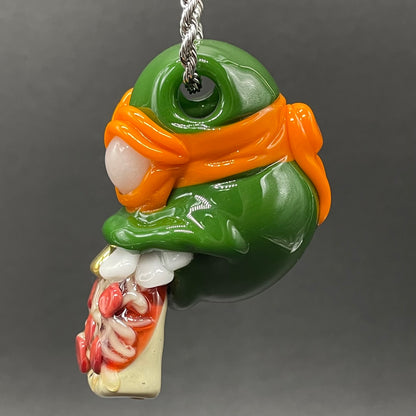 Glass Ninja Turtle Pendant – Handmade Michelangelo Pizza Necklace, TMNT Fan Jewelry