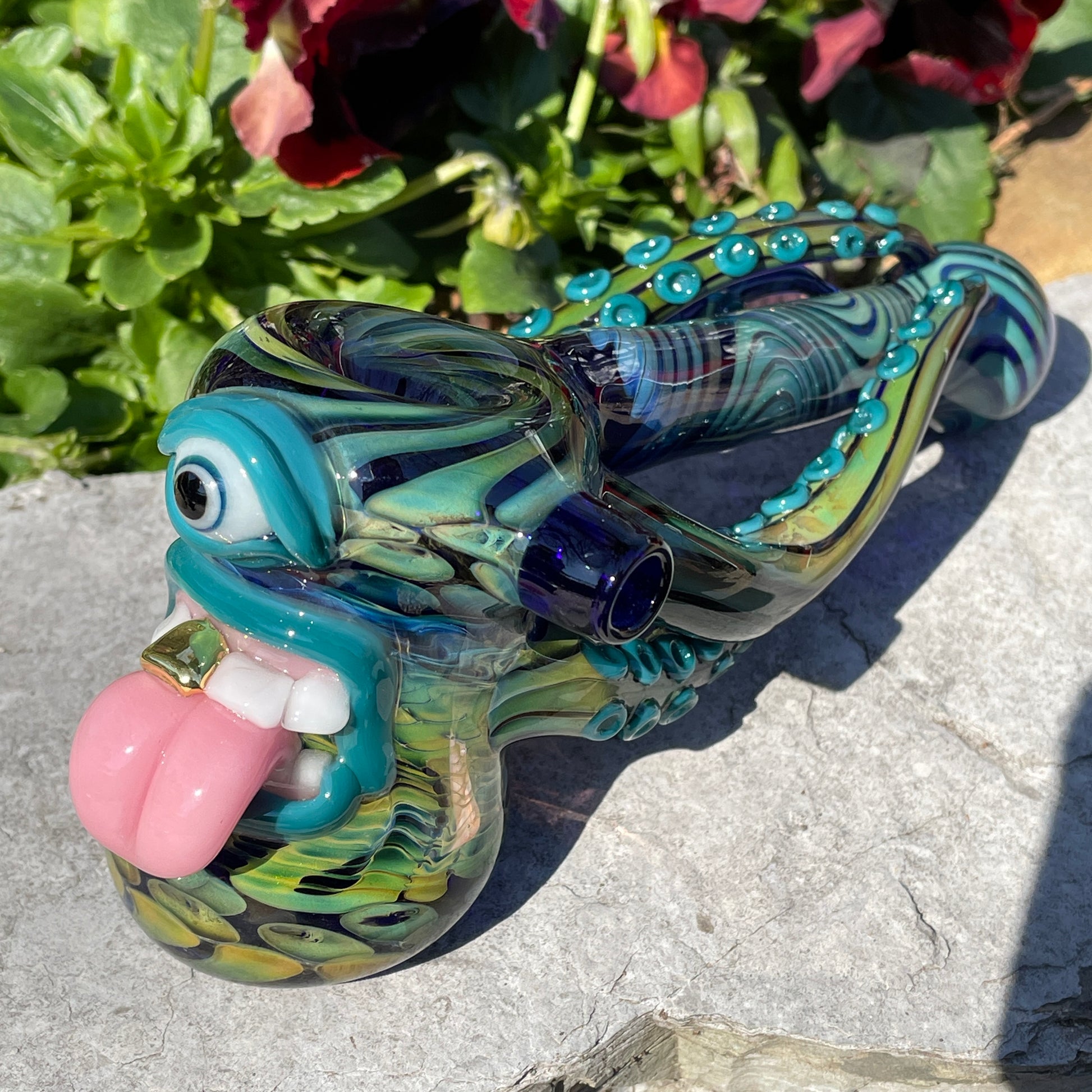 Tentacle tongue bubbler detail view - premium glass art