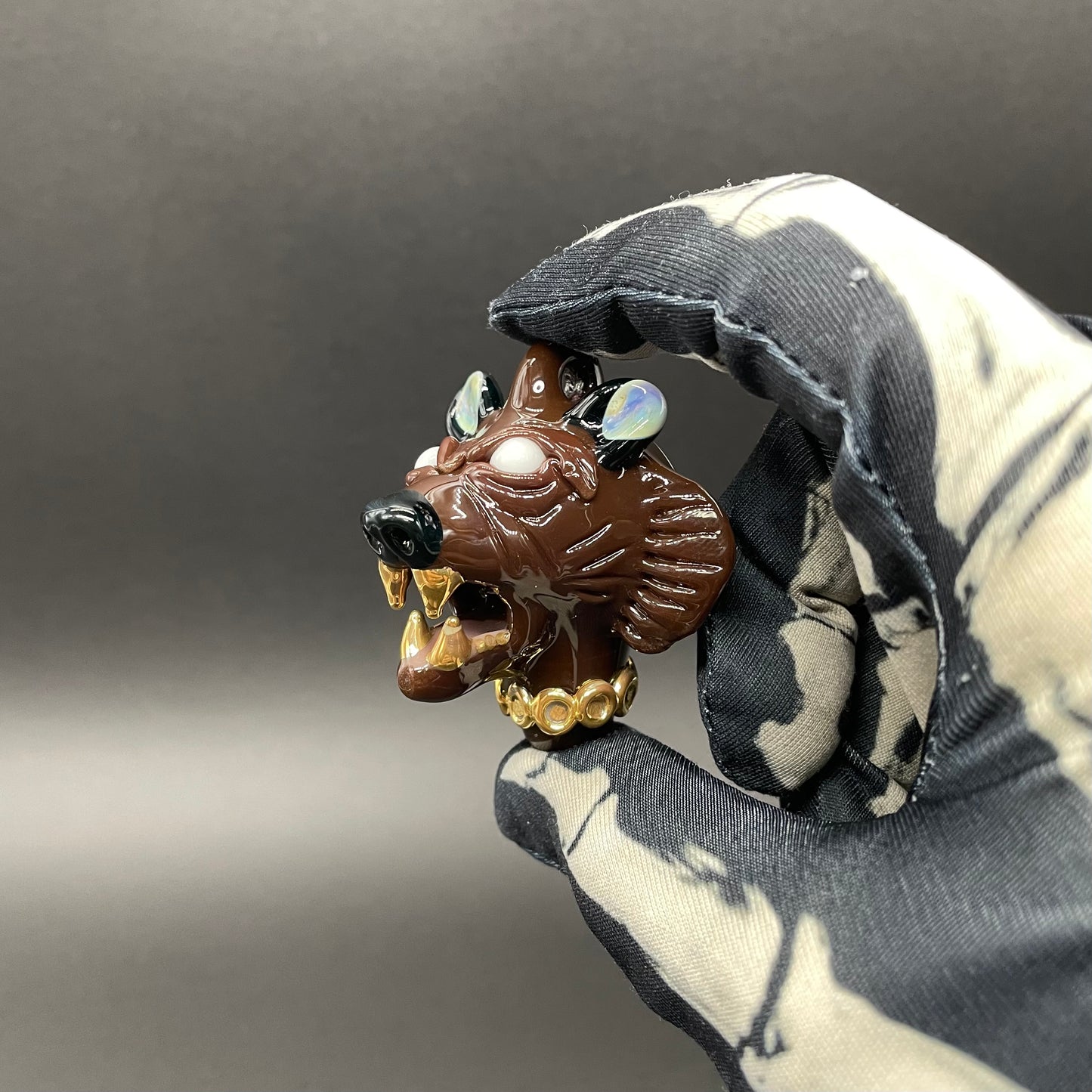 blinged out glass grizzly bear pendant by Leviathan Glass - artisan detail