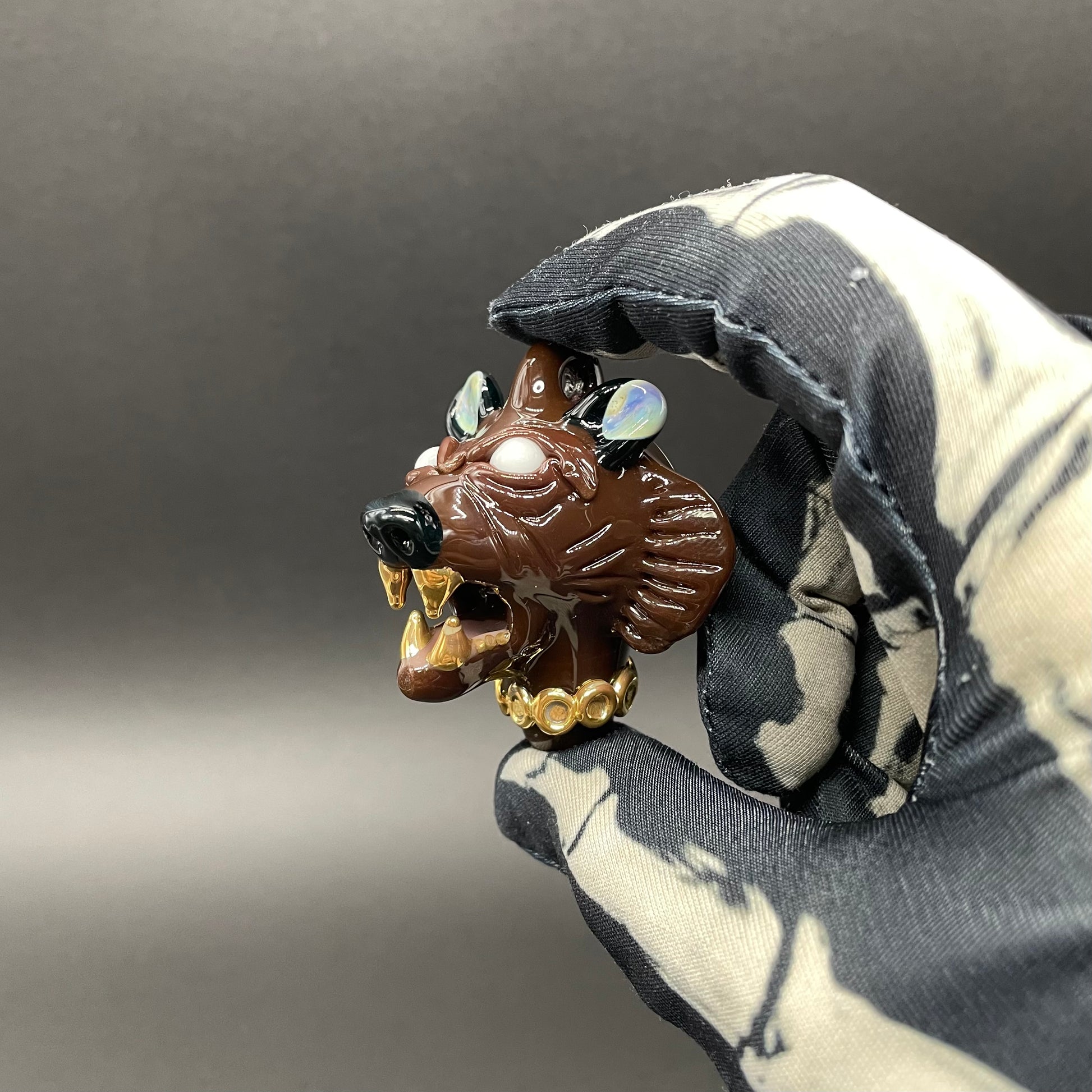 blinged out glass grizzly bear pendant by Leviathan Glass - artisan detail