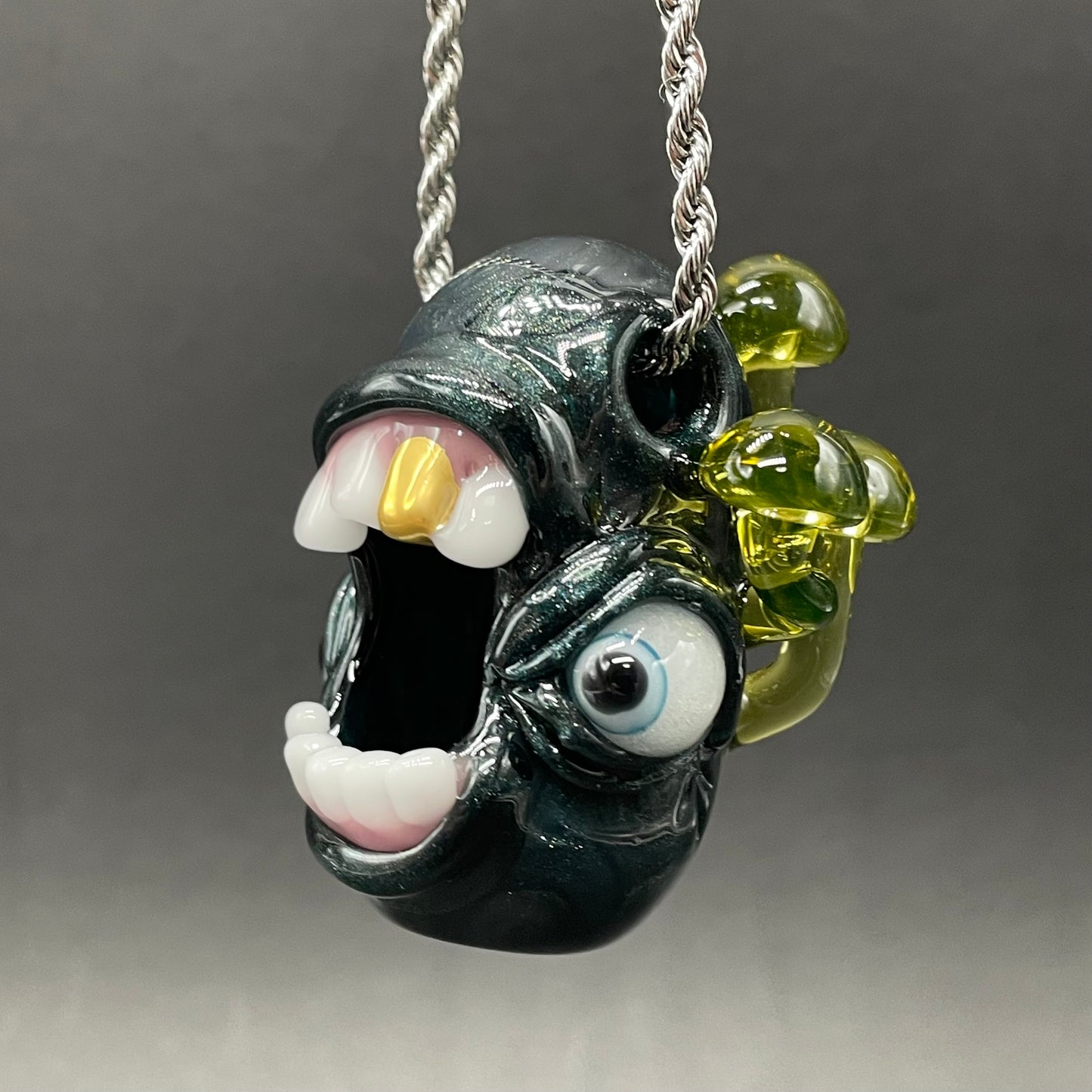 Hand-blown Screaming UV reactive mushroom monster pendant - Leviathan Glass original