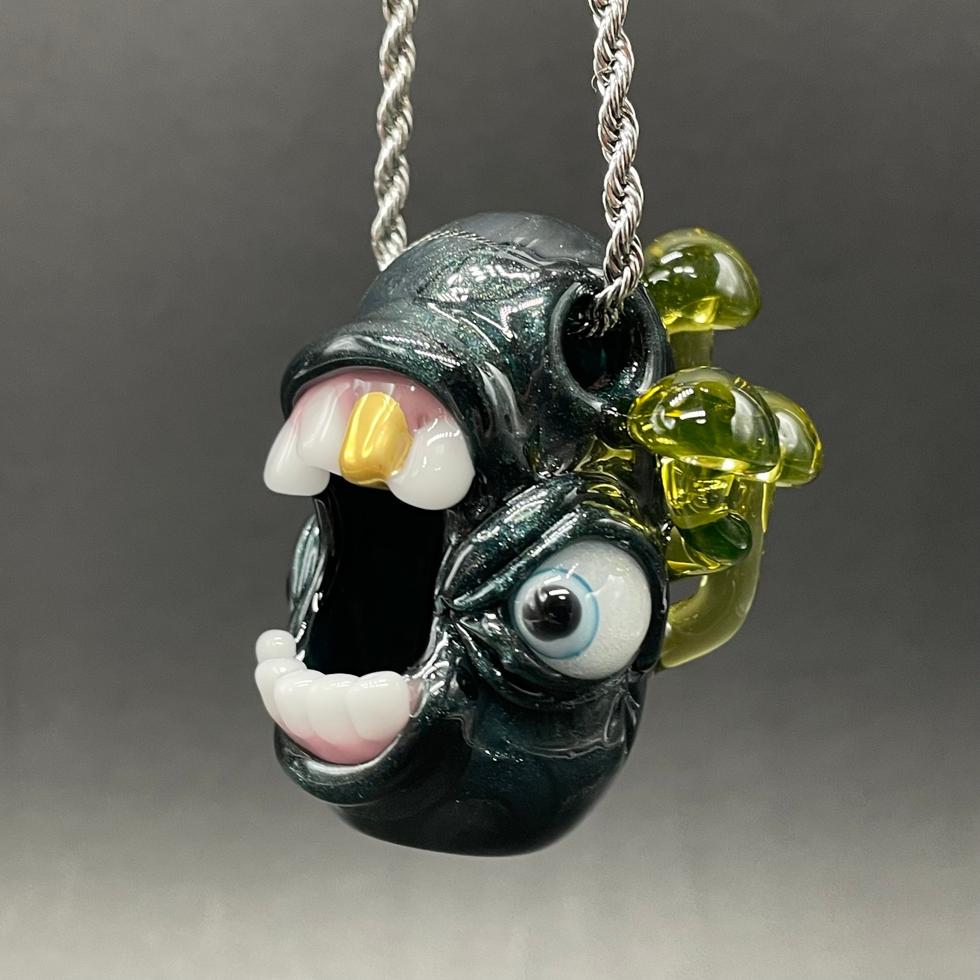 Hand-blown Screaming UV reactive mushroom monster pendant - Leviathan Glass original