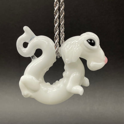 Falcore the Luck Dragon handblown glass sculpture - Neverending Story white fur dragon with pink nose, kind eyes, flowing mane, silver rope chain - Leviathan Glass