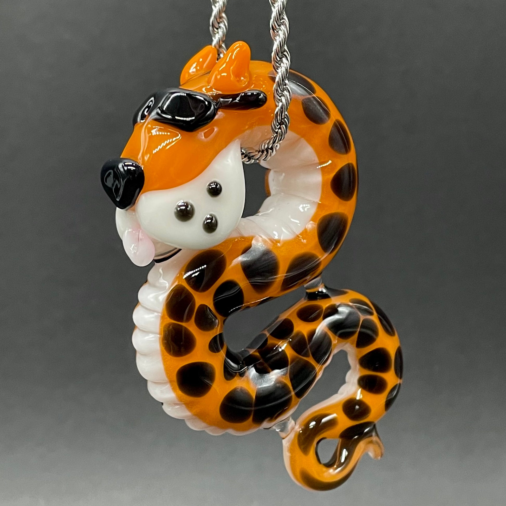 Slithering Chester Cheetah glass pendant detail view - premium glass art