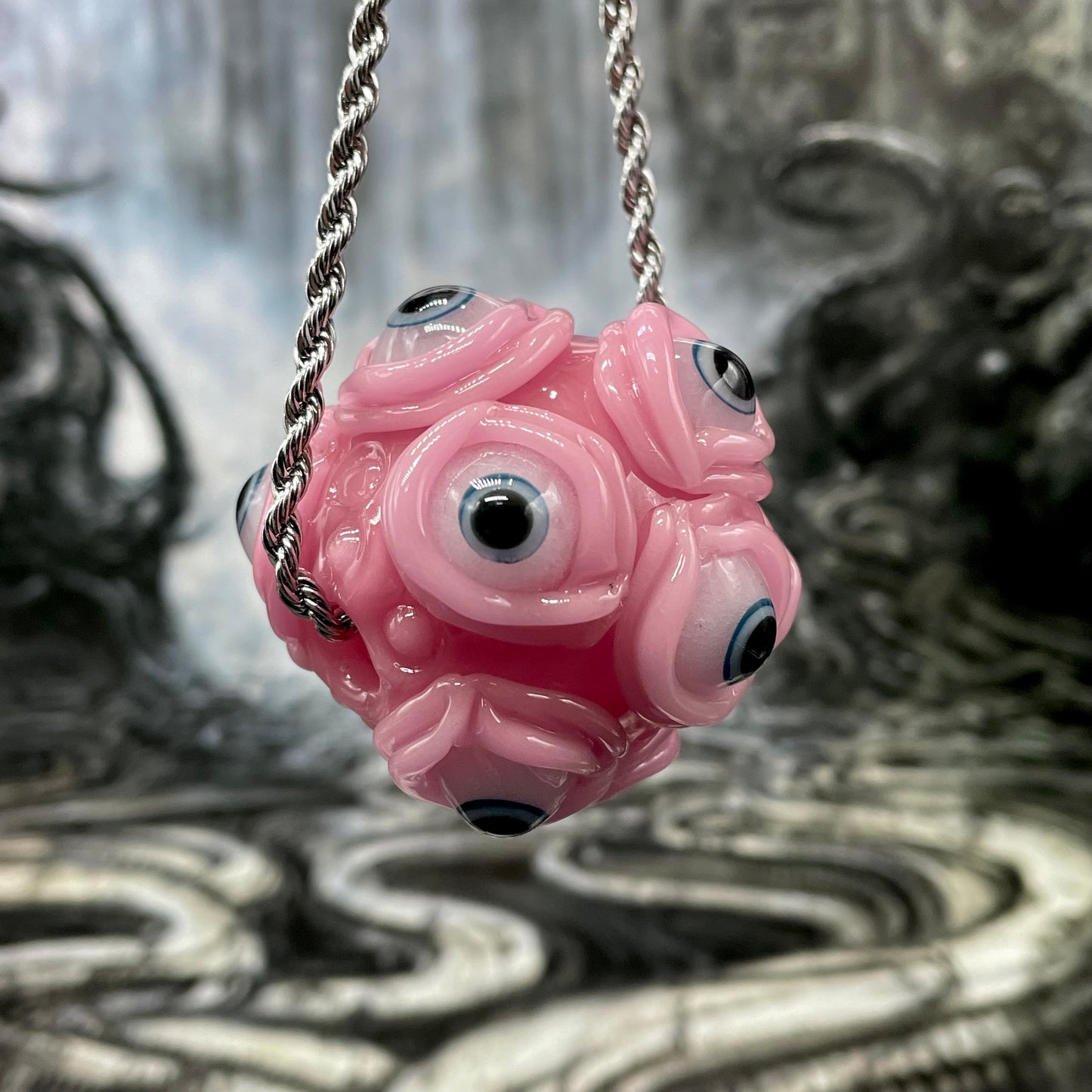 Pink Argus pendant detail view - premium glass art
