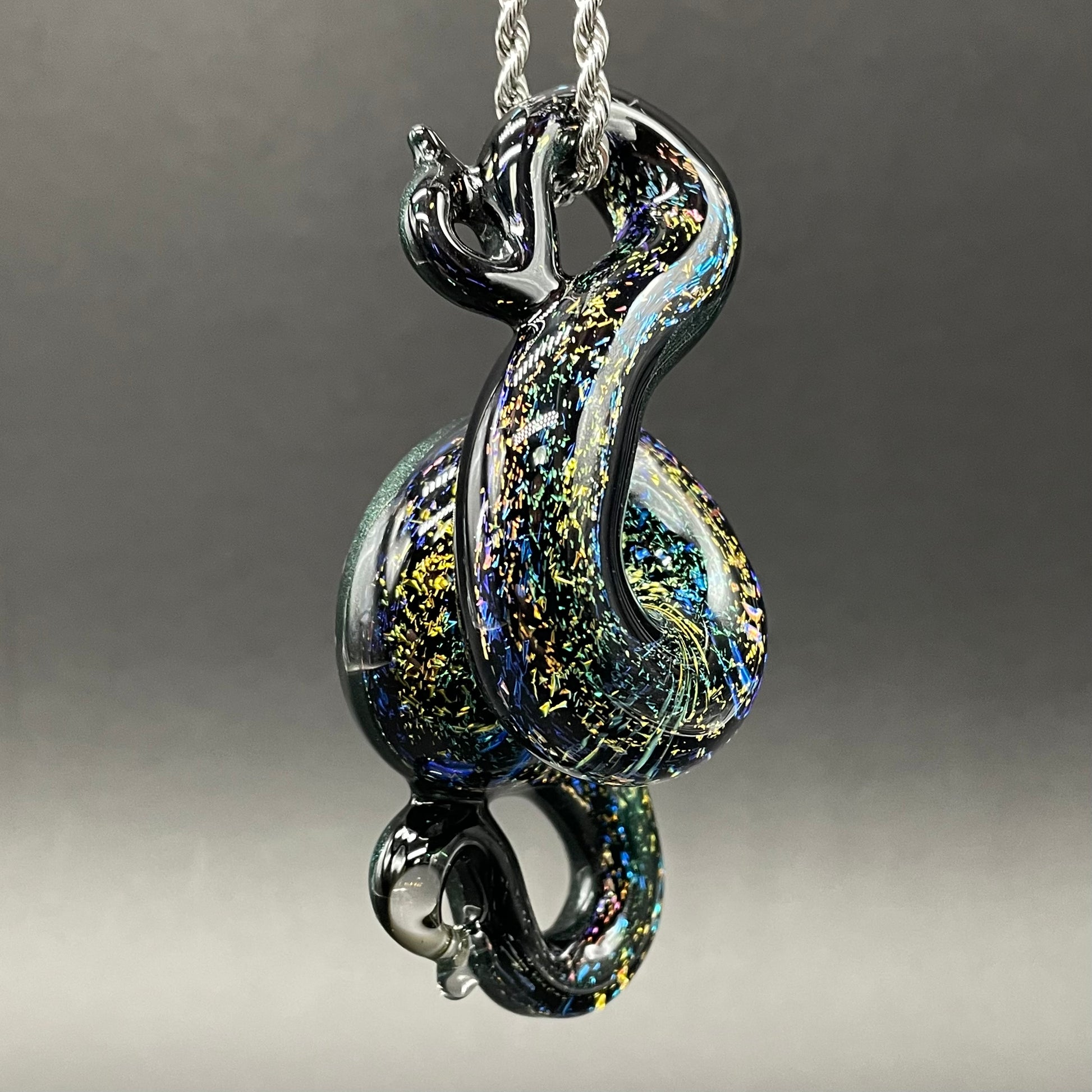 Dichroic rainbow sparkle snake pendant craftsmanship - artisan glass work