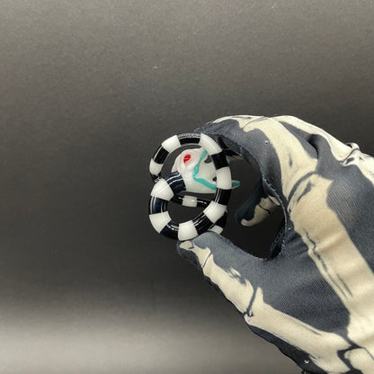 Beetlejuice Inspired handblown solid glass Sandworm sculpture - coiled black and white striped sandworm with white worm head, teal tongue, red eyes - Leviathan Glass