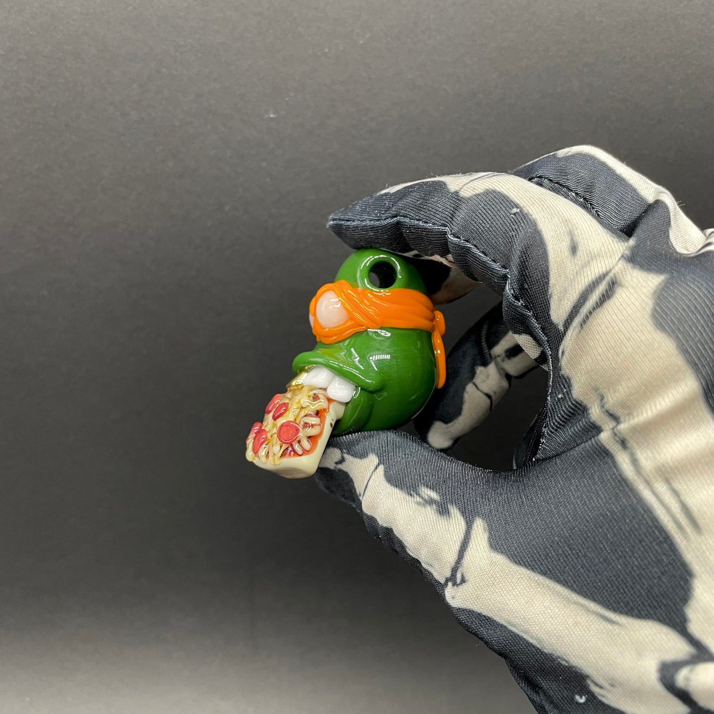 Hand-blown Glass Ninja Turtle Pendant – Handmade Michelangelo Pizza Necklace, TMNT Fan Jewelry - Leviathan Glass original
