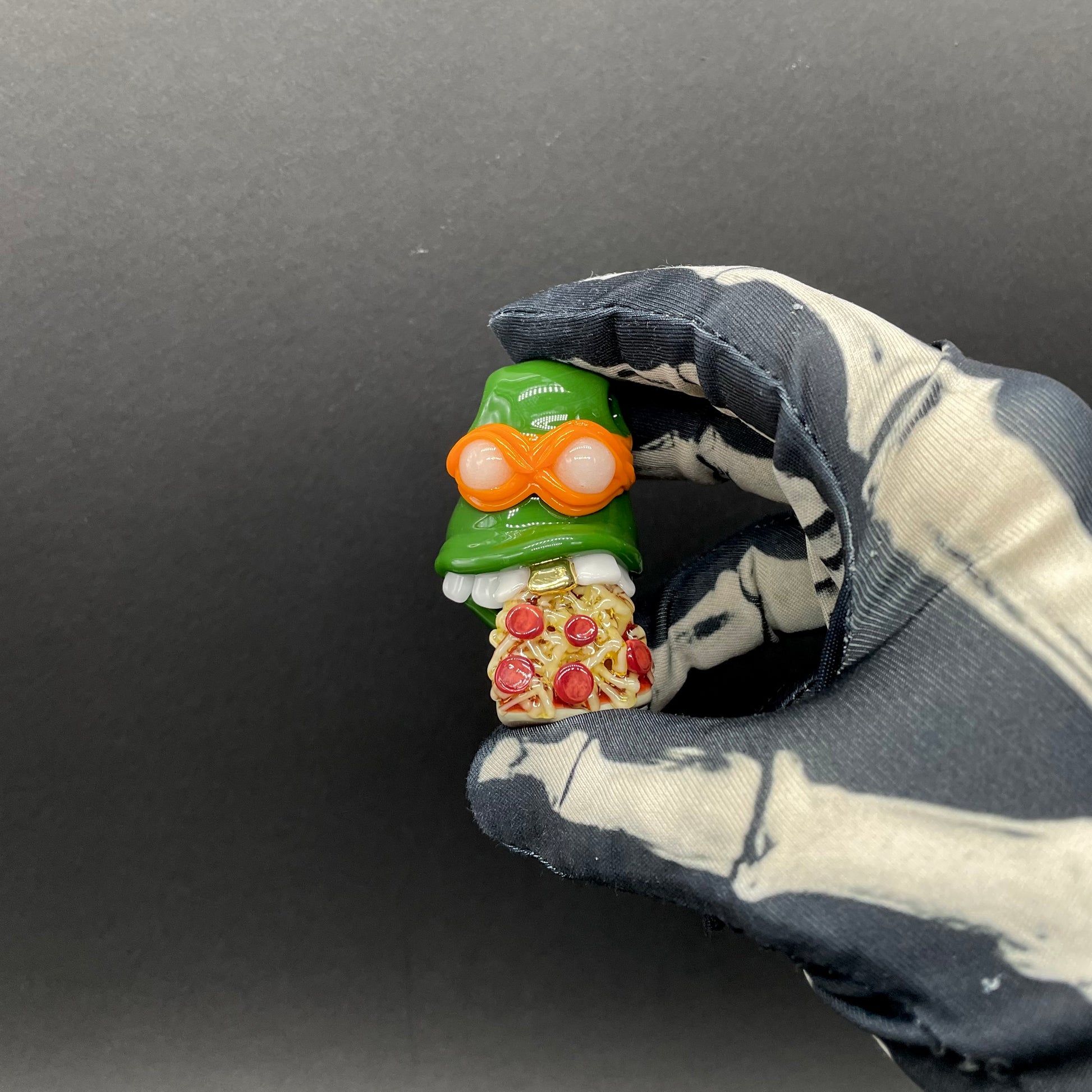 Hand-blown Glass Ninja Turtle Pendant – Handmade Michelangelo Pizza Necklace, TMNT Fan Jewelry - Leviathan Glass original