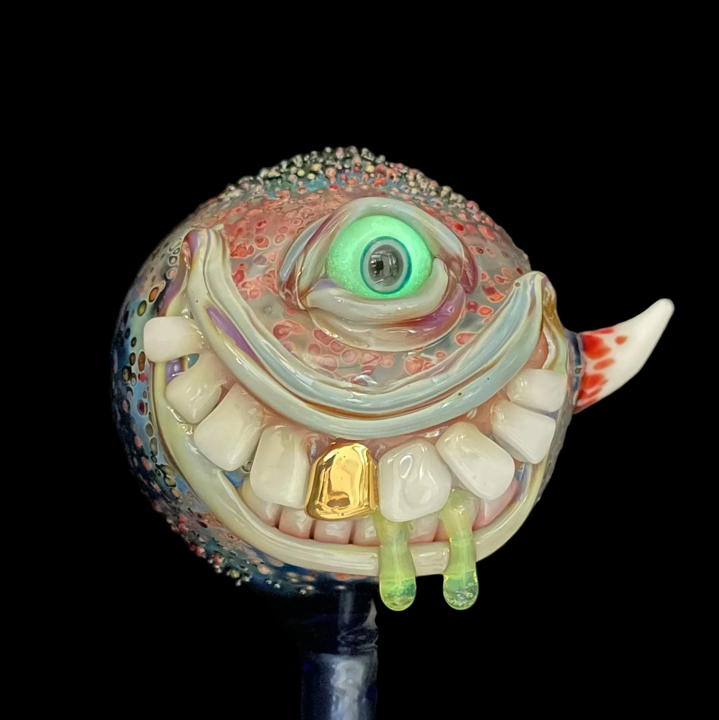 Hand Blown Glass Monster Watering Globe - round cyclops head, blue iris eye, white teeth, gold tooth, teal tongue drips, teal glass stake - Leviathan Glass