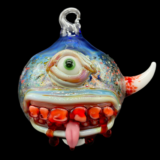 Hand-blown glass Beware I Bite Ornament by Leviathan Glass