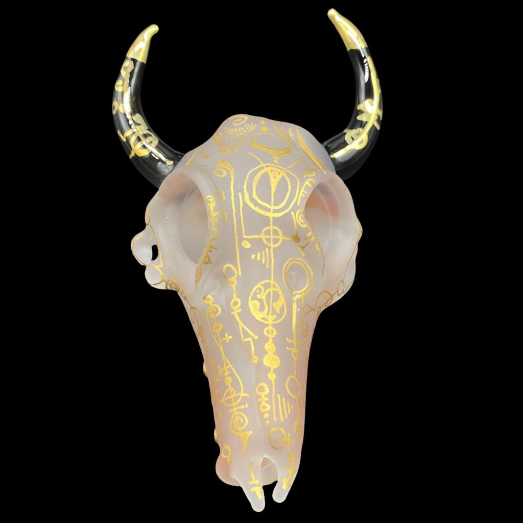 Hand-blown glass Mystical Gold rune bull skull by Leviathan Glass