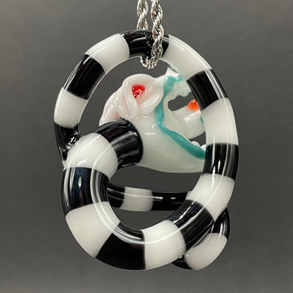 Beetlejuice Inspired handblown solid glass Sandworm sculpture - coiled black and white striped sandworm with white worm head, teal tongue, red eyes - Leviathan Glass