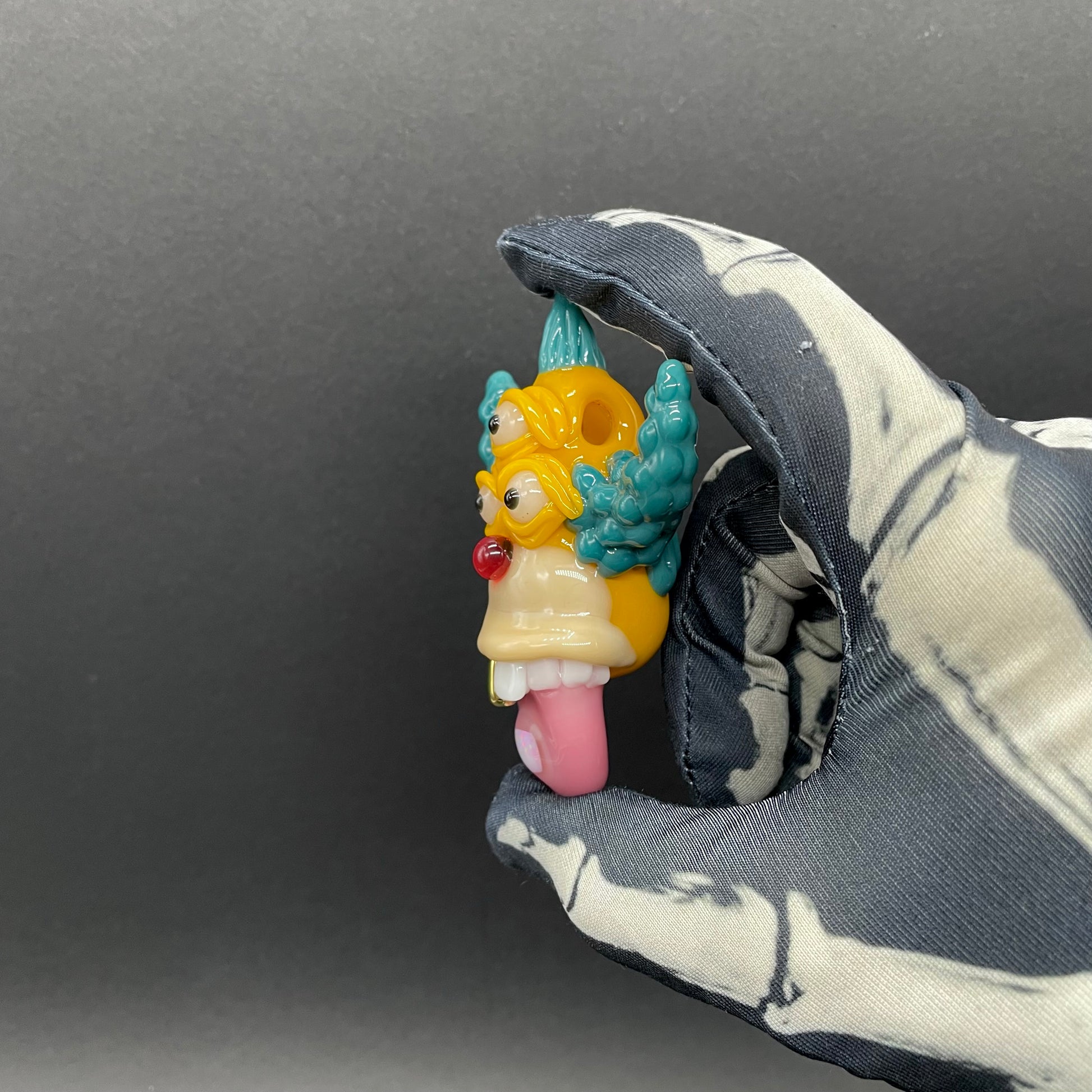 Hand-blown Krusty the clown glass pendant with opal tab - Leviathan Glass original