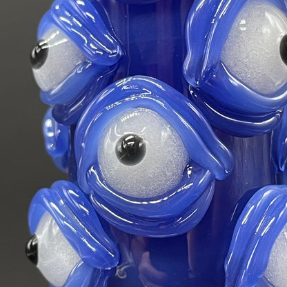 Marge Simpson Mutant handblown glass pendant - yellow Marge Simpson face with towering stack of blue cyclops creatures forming her hair, white pearl beads, silver rope chain - Leviathan Glass
