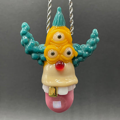 Krusty the clown glass pendant with opal tab detail view - premium glass art
