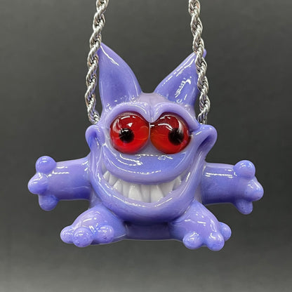 Gengar Pokémon handblown glass pendant - periwinkle purple Gengar sculpture, large red glass eyes, white teeth, clawed hands and feet, silver rope chain - Leviathan Glass