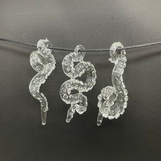 Hand-blown glass 3 clear tentacle ornaments by Leviathan Glass