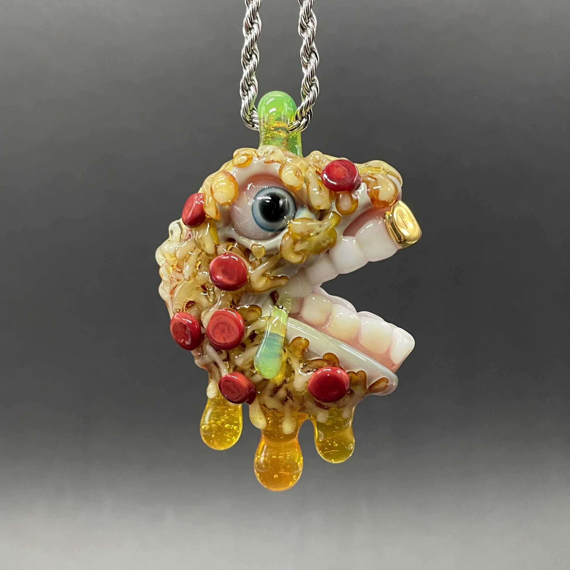 Hand-blown glass Pizza fiend pendant by Leviathan Glass