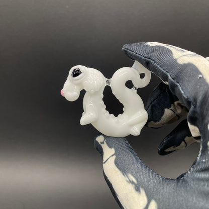Falcore the Luck Dragon handblown glass sculpture - Neverending Story white fur dragon with pink nose, kind eyes, flowing mane, silver rope chain - Leviathan Glass