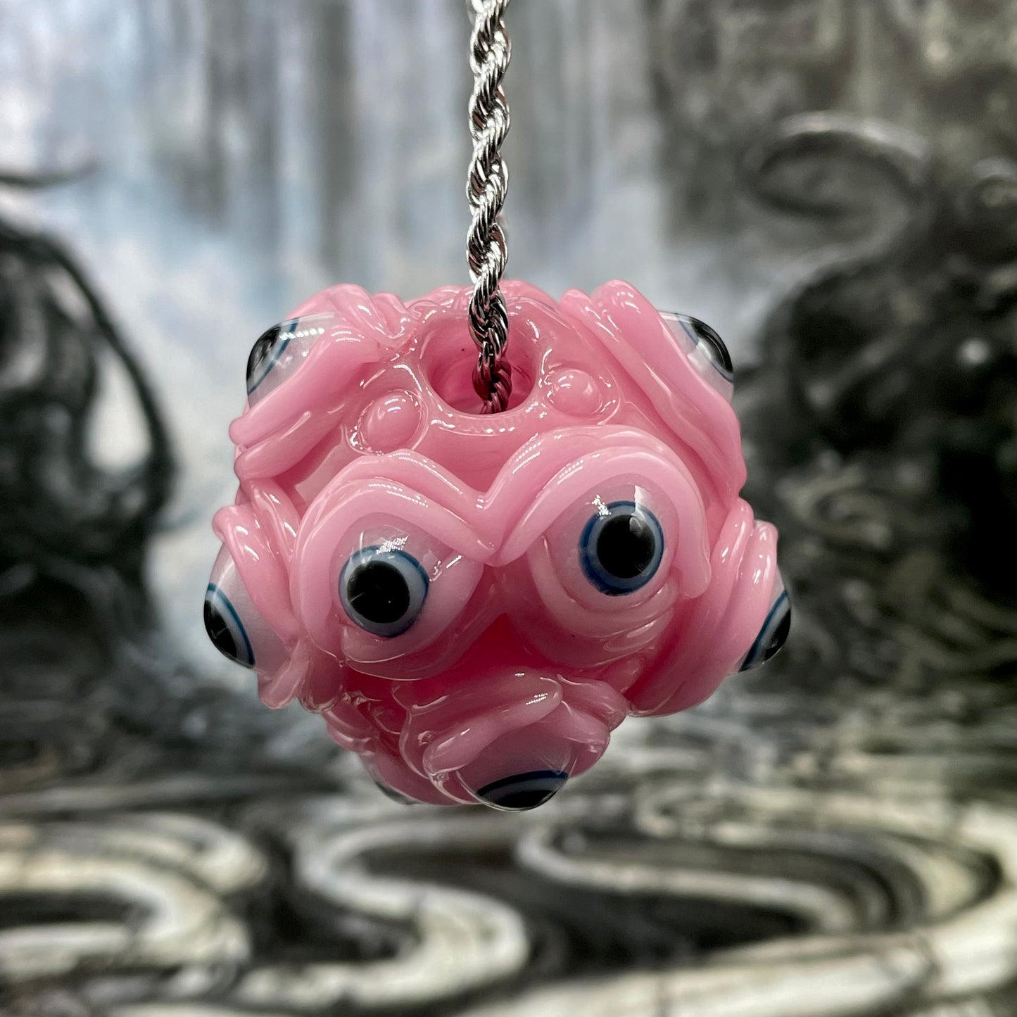 Pink Argus pendant craftsmanship - artisan glass work
