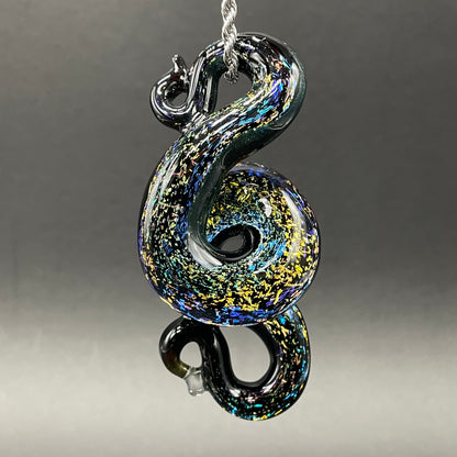 Dichroic rainbow sparkle snake pendant detail view - premium glass art
