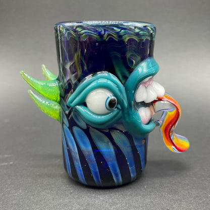 Artisan glass Hand blown kool AID tongue shot glass with gold tooth - detailed craftsmanship