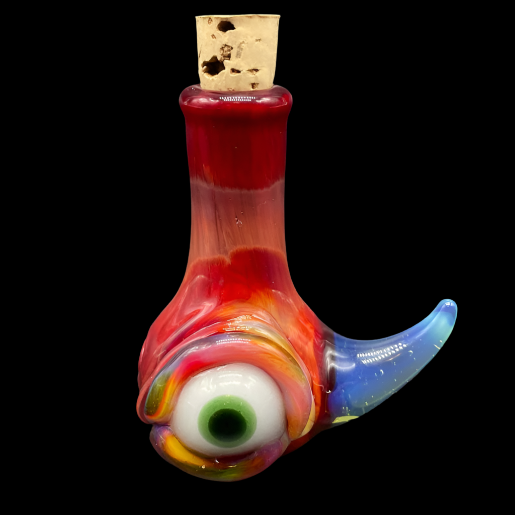 Hand-blown glass Sunrise red cyclops potion bottle by Leviathan Glass